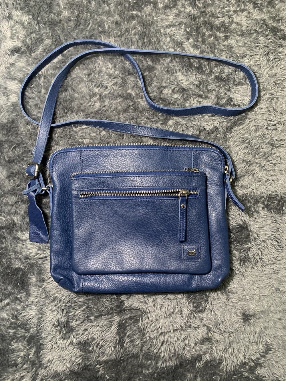 Wise Owl Blue Leather Crossbody Bag Front Zip Adjustable Strap